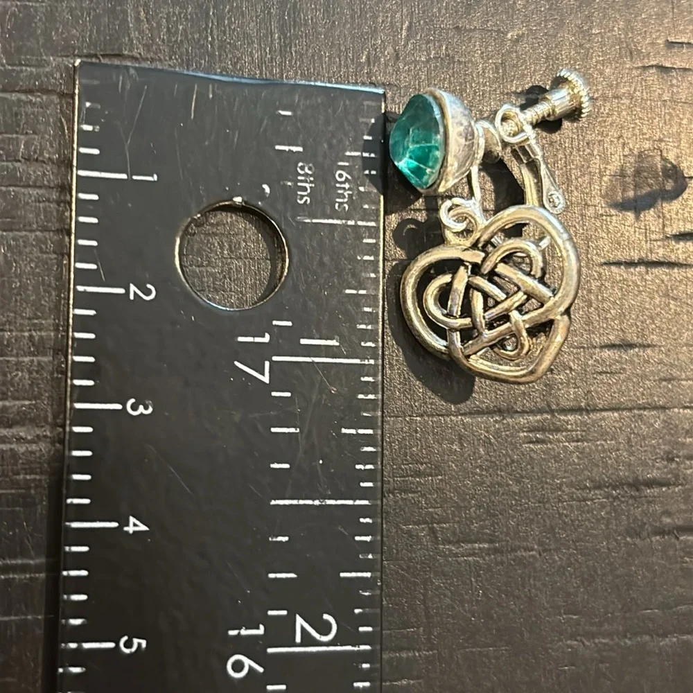 Silver Celtic Knot Drop Dangle Earrings Green Gemstone Rhinestone Screw Back​ - Picture 5 of 5
